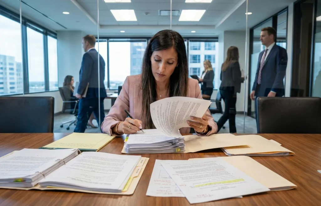 Attorney Yaneliz Del Mar Rosado Fonseca focused on reviewing case files in a professional setting for Houston and The Woodlands clients.